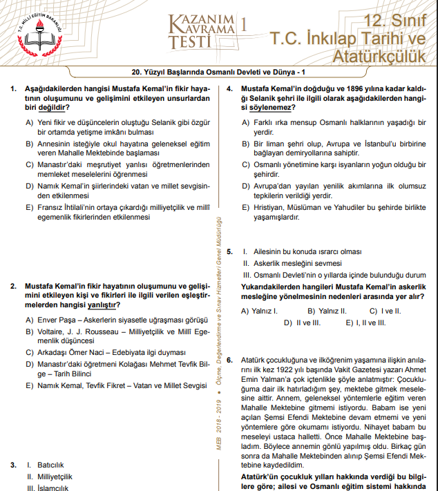 12.Sınıf İnkılap Tarihi ve Atatürkçülük Kazanım Testleri PDF