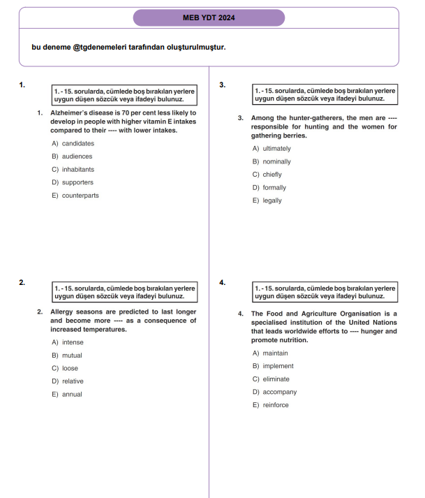 2024 MEB TG YDT Deneme