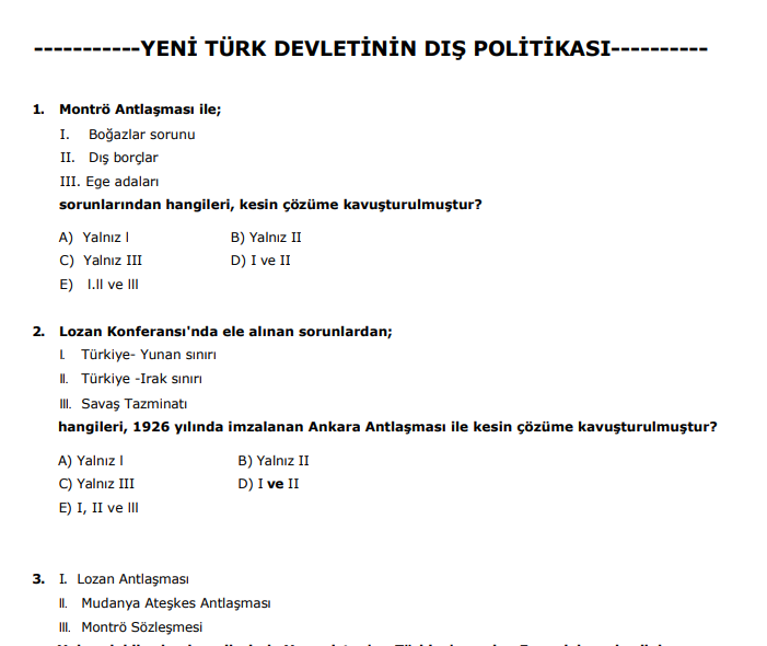 Yeni Türk Devletinin Dış Politikası – KPSS Test Kitapçığı