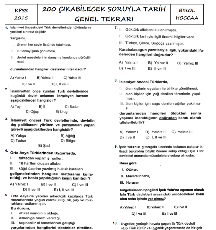 KPSS 2015 200 Çıkabilecek Soruyla Tarih Genel Tekrarı