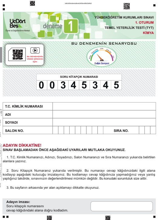 TYT Kimya Deneme Test Kitapçığı PDF