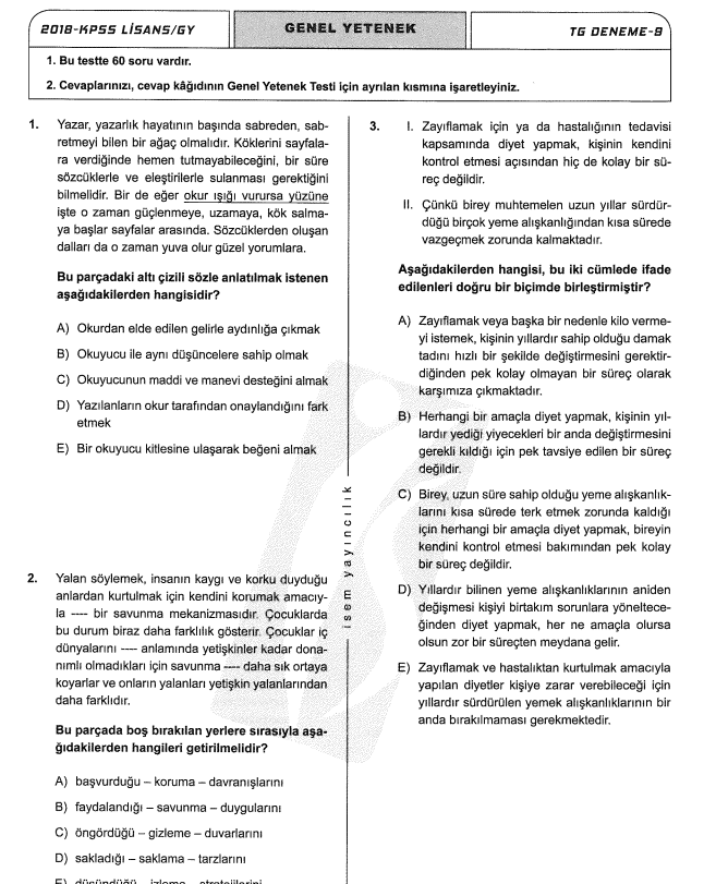 2018 KPSS Lisans/GY Genel Yetenek TG Deneme