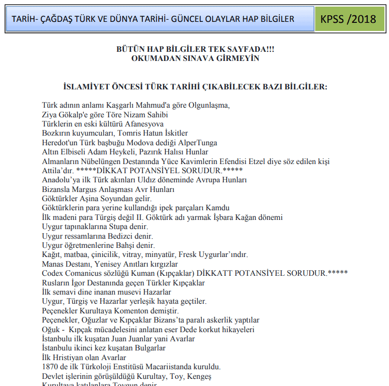 Tarih – Çağdaş Türk ve Dünya Tarihi – Güncel Olaylar Hap Bilgiler KPSS /2018