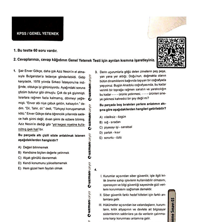 2024 Uzman Kariyer GYGK TG-3 KPSS Test Kitapçığı