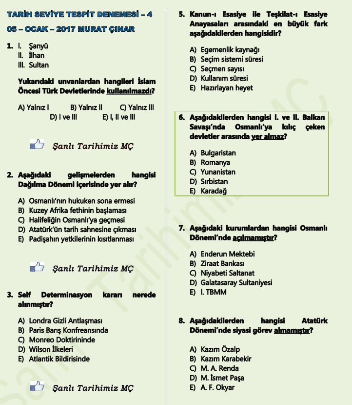 KPSS Tarih Seviye Tespit Deneme PDF