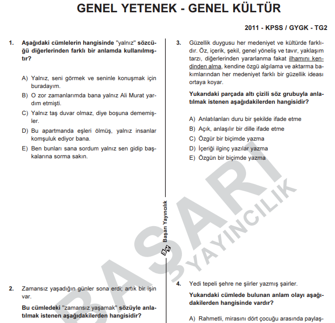 2011 KPSS Genel Yetenek – Genel Kültür TG2 Test Kitapçığı