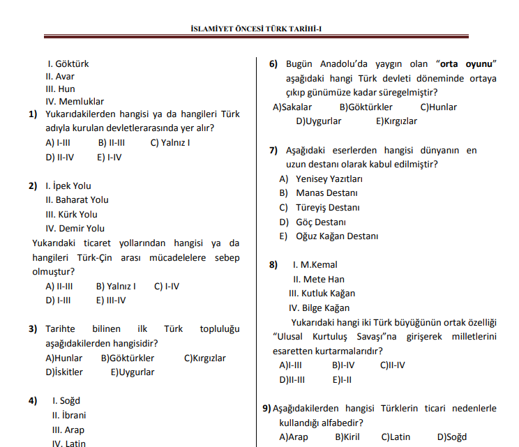 İslamiyet Öncesi Türk Tarihi – I PDF Test Kitapçığı