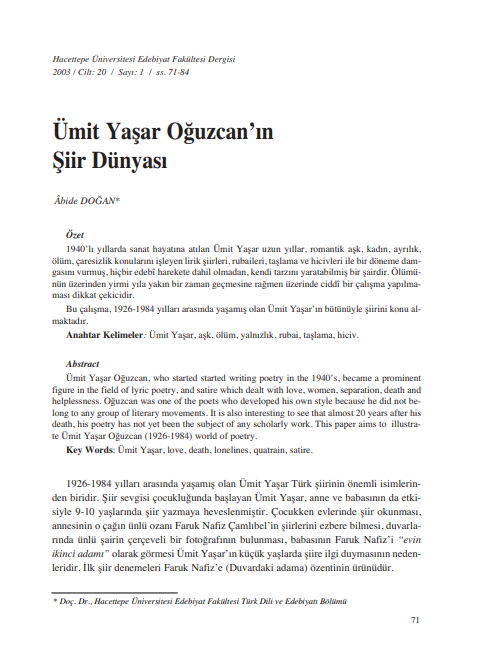 Âbide Doğan - Ümit Yaşar Oğuzcan'ın Şiir Dünyası PDF
