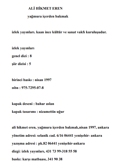 Yağmura İçerden Bakmak PDF | Ali Hikmet Eren