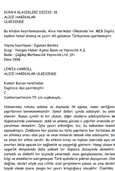 Alice Harikalar Ülkesinde PDF | Lewis Carroll