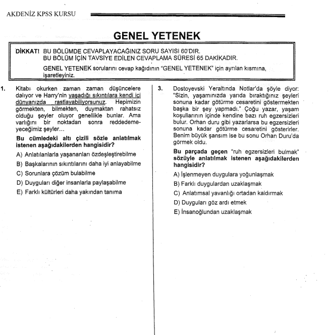 AKDENİZ KPSS KURSU – GENEL YETENEK Test Kitapçığı PDF