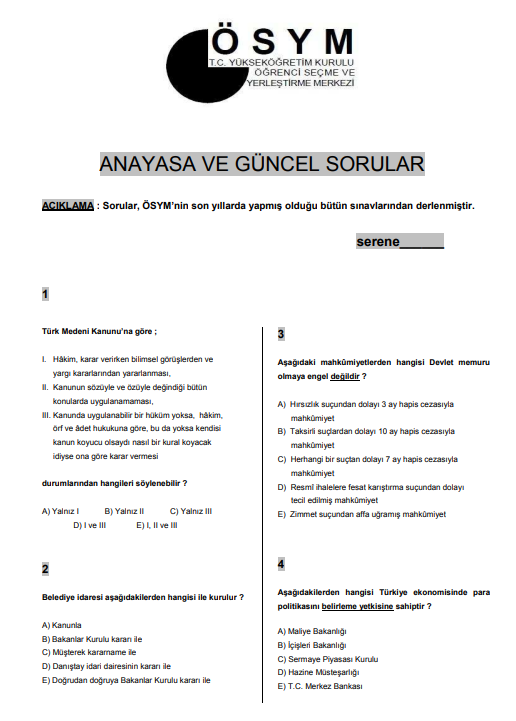 Anayasa Hukuku ve Vatandaşlık Çıkmış Tüm Sorular (Soru Bankası)