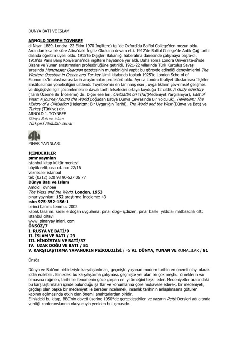 Arnold Joseph Toynbee Dunya Batı Ve Islam Kitap Kapağı