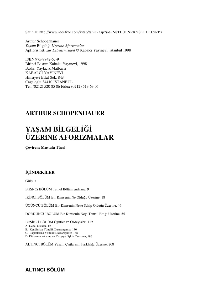 Yaşam Bilgeliği Üzerine Aforizmalar PDF – Arthur Schopenhauer