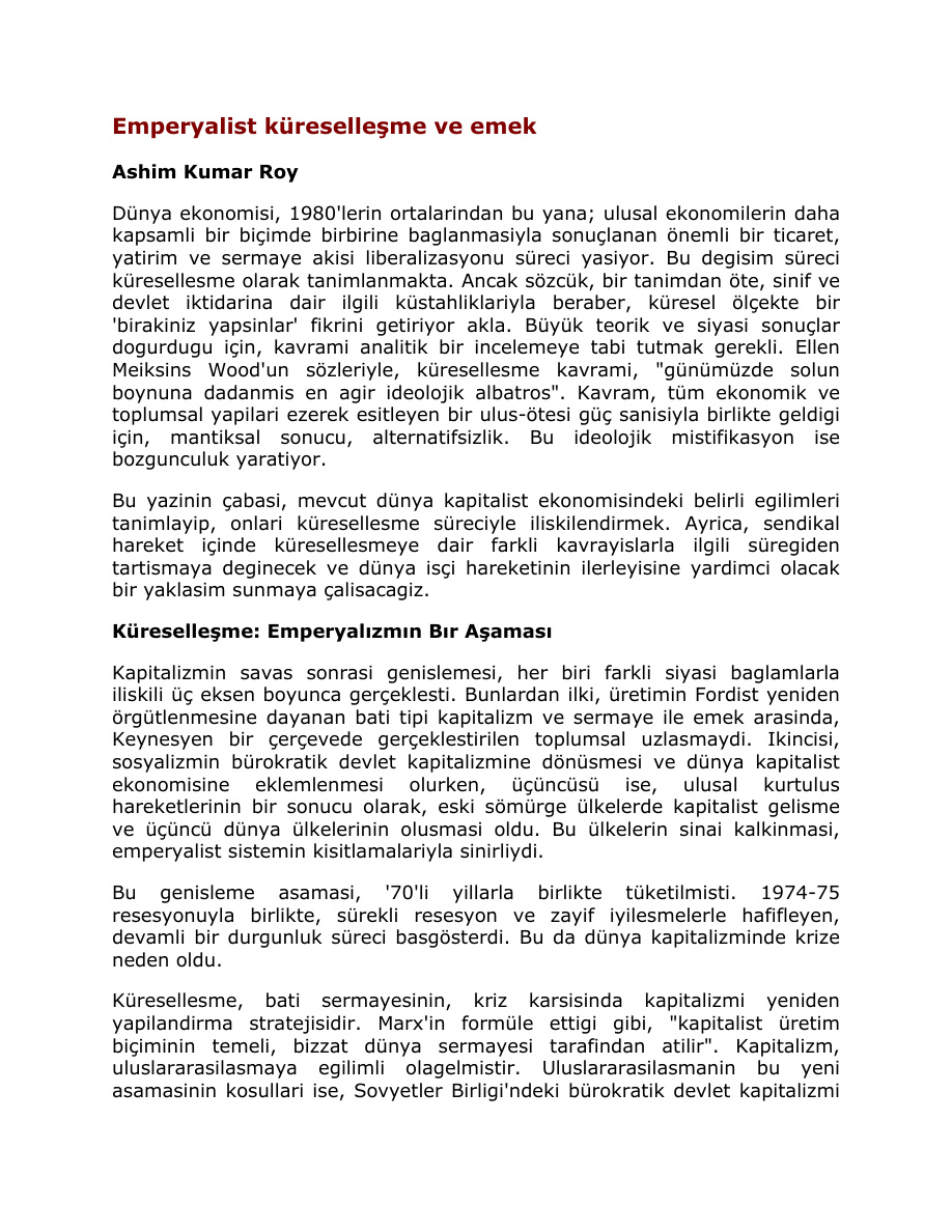 Emperyalist Küreselleşme ve Emek PDF – Ashim Kumar Roy