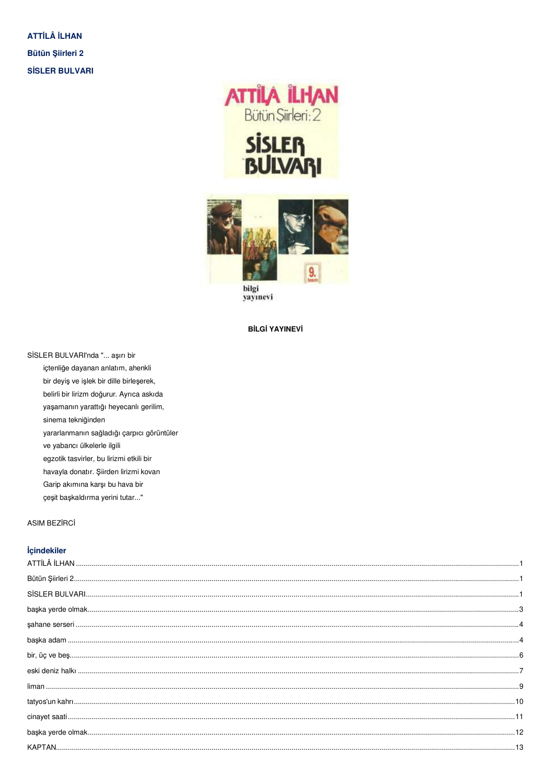 Sisler Bulvarı PDF – Attila İlhan