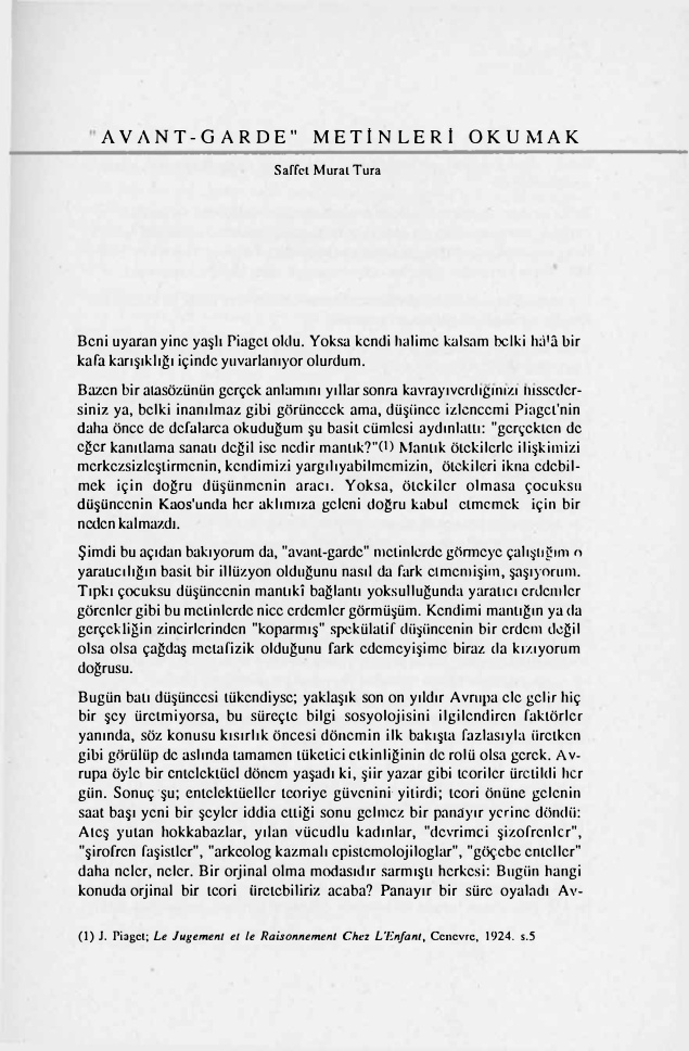 Avant-Garde Metinleri Okumak PDF – Saffet Murat Tura