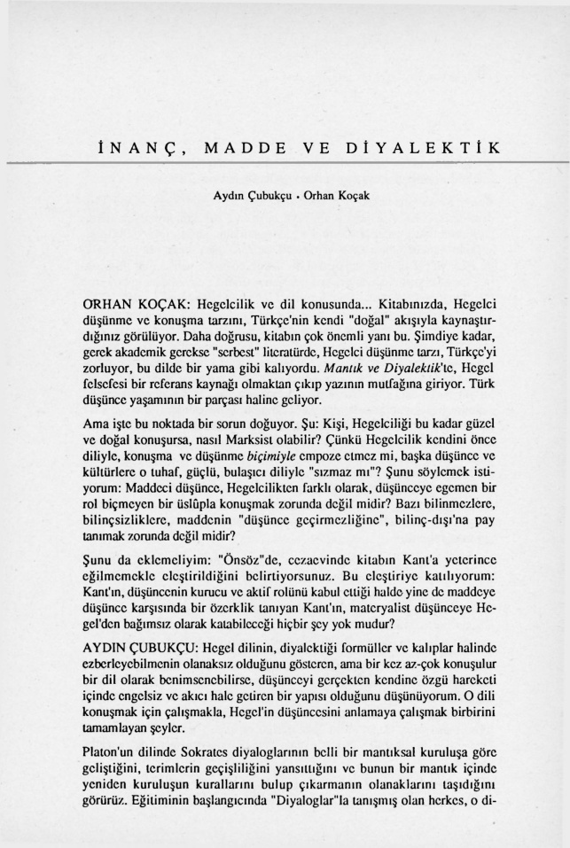 İnanç, Madde ve Diyalektik PDF – Aydın Çubukçu, Orhan Koçak