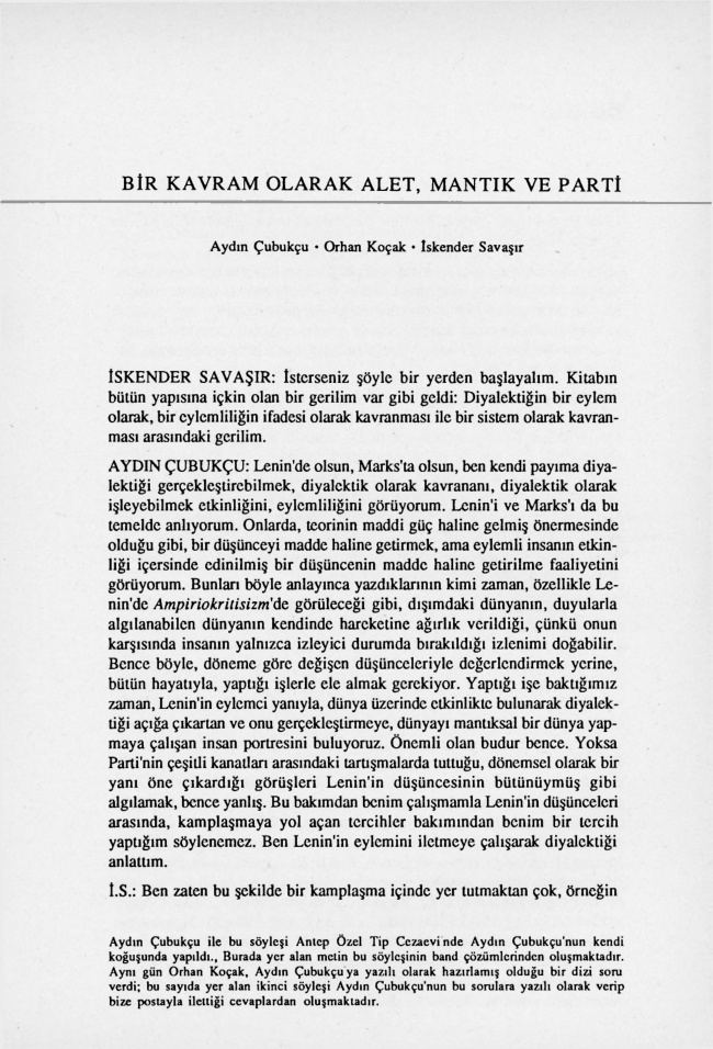 Bir Kavram Olarak Alet, Mantık ve Parti PDF – Aydın Çubukçu, Orhan Koçak, İskender Savaşır