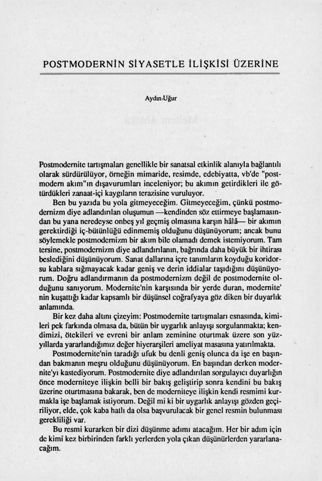 Postmodernin Siyasetle İlişkisi Üzerine PDF – Aydın Uğur