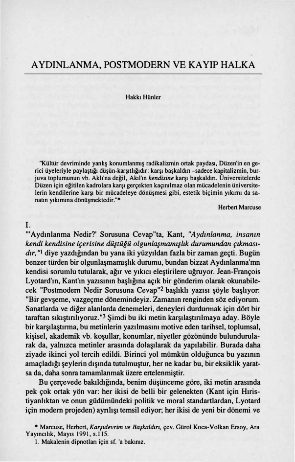 Aydınlanma, Postmodern ve Kayıp Halka PDF – Hakkı Hünler