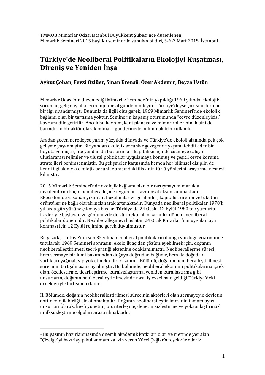 Türkiye’de Neoliberal Politikaların Ekolojiyi Kuşatması PDF – Aykut Çoban, Fevzi Özlüer, Sinan Erensü, Özer Akdemir, Beyza Üstün