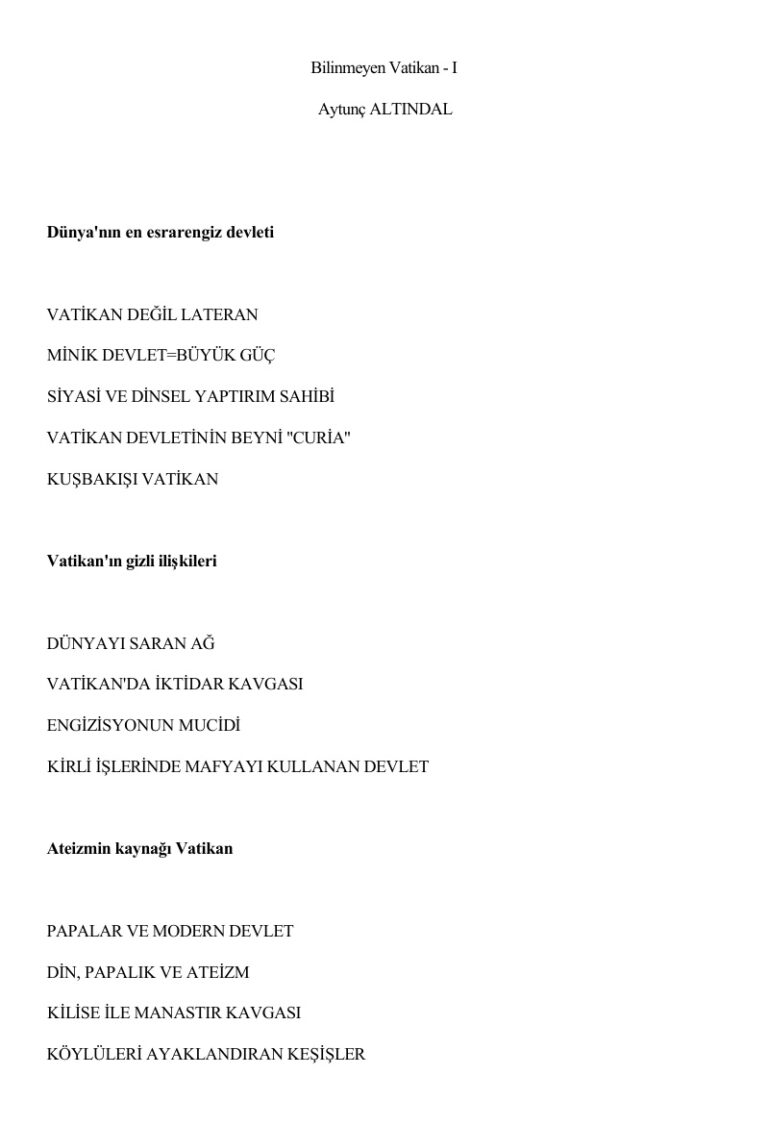 Aytunc Altindal Bilinmeyen Vatikan 1 Kitap Kapağı