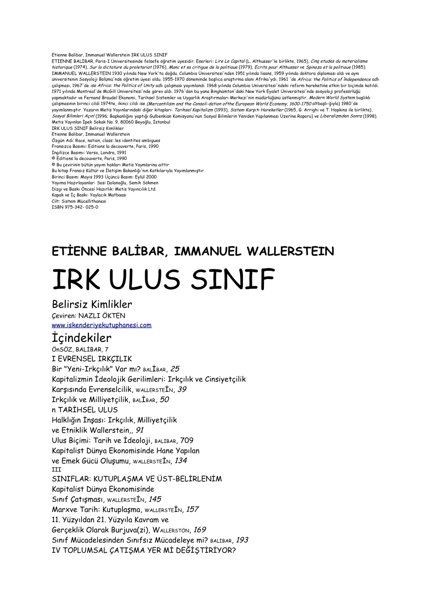Irk, Ulus, Sınıf (Alternatif Baskı) PDF – Etienne Balibar, Immanuel Wallerstein