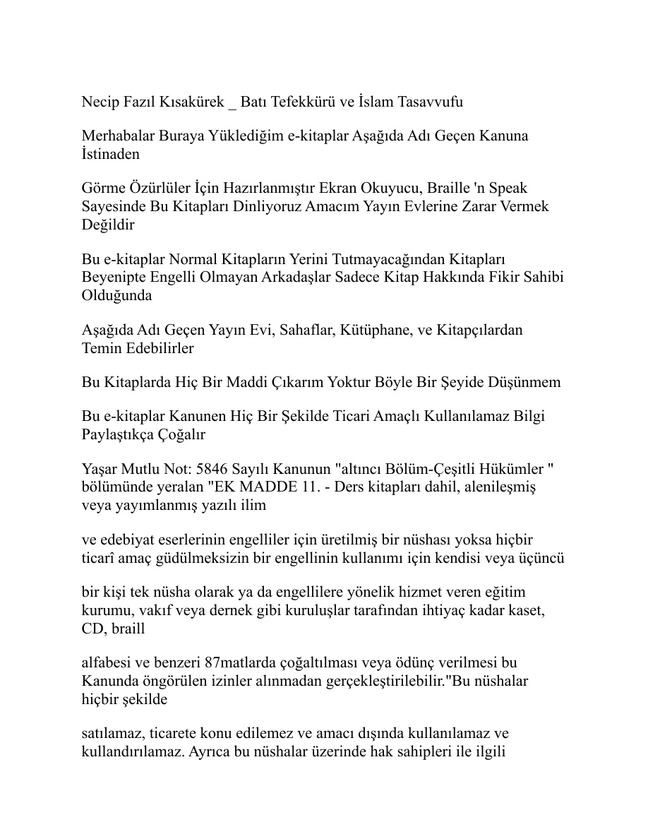 Batı Tefekkürü ve İslam Tasavvufu PDF – Necip Fazıl Kısakürek