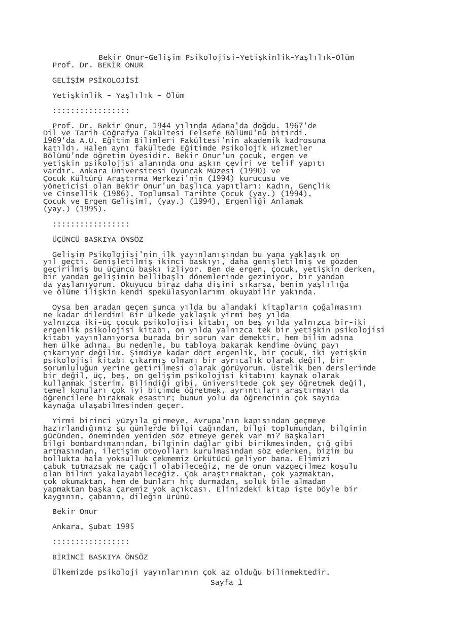 Gelişim Psikolojisi: Yetişkinlik – Yaşlılık – Ölüm PDF – Bekir Onur