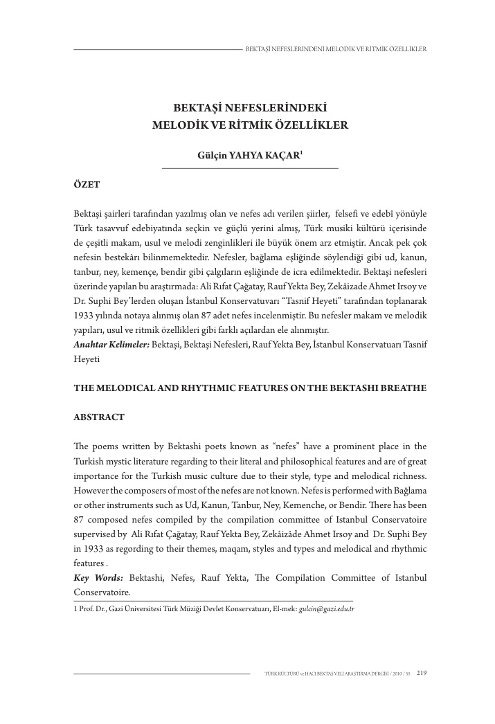 Bektaşi Nefeslerindeki Melodik ve Ritmik Özellikler PDF – Kolektif / Müzikoloji