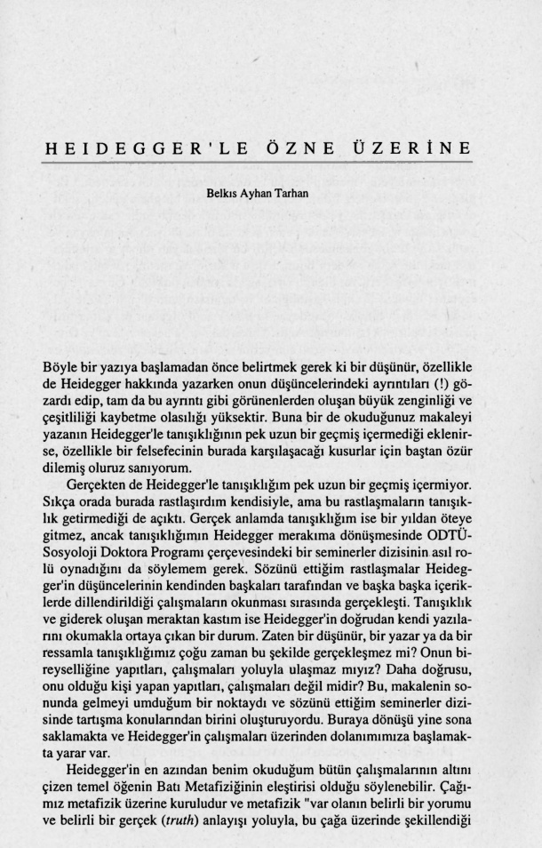 Heidegger’le Özne Üzerine PDF – Belkıs Ayhan Tarhan