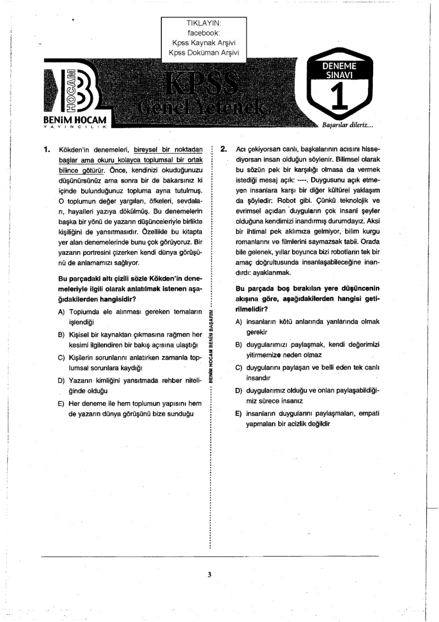 2017 TG1 GyGk KPSS Deneme PDF – Benim Hocam Yayınları