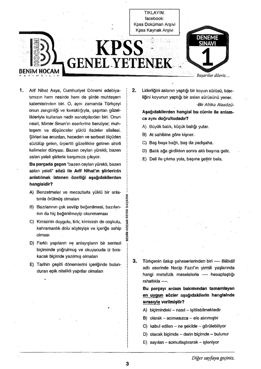 2018 TG1 GyGk KPSS Deneme PDF – Benim Hocam Yayınları