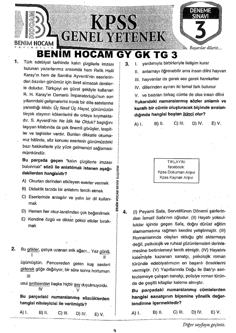 2018 TG3 GyGk KPSS Deneme PDF – Benim Hocam Yayınları