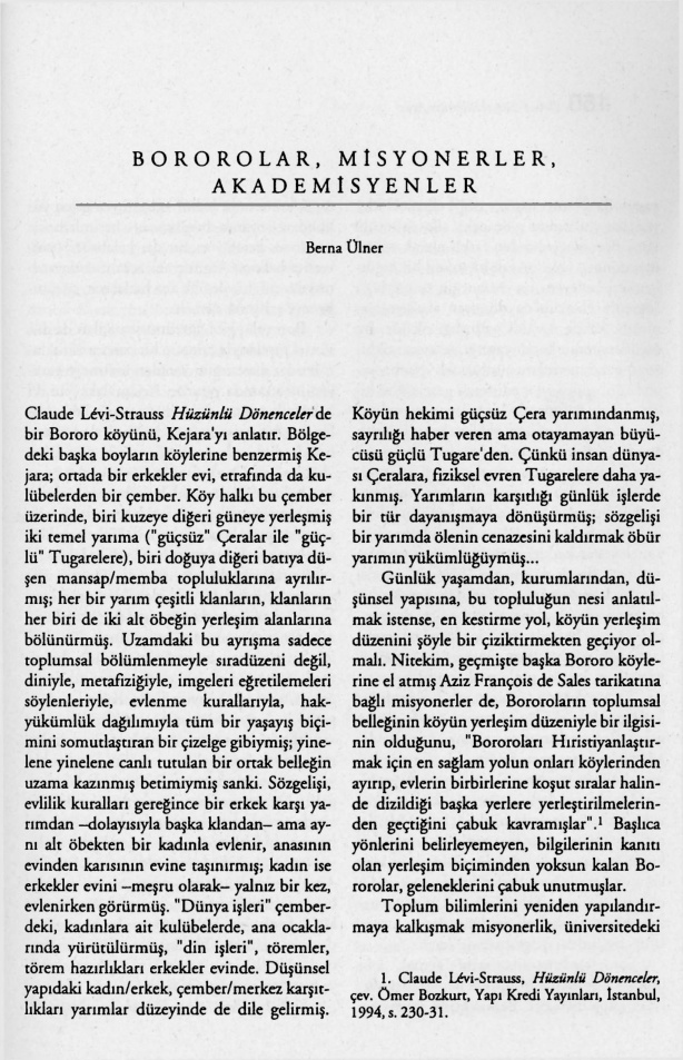 Bororolar, Misyonerler, Akademisyenler PDF – Berna Ülner