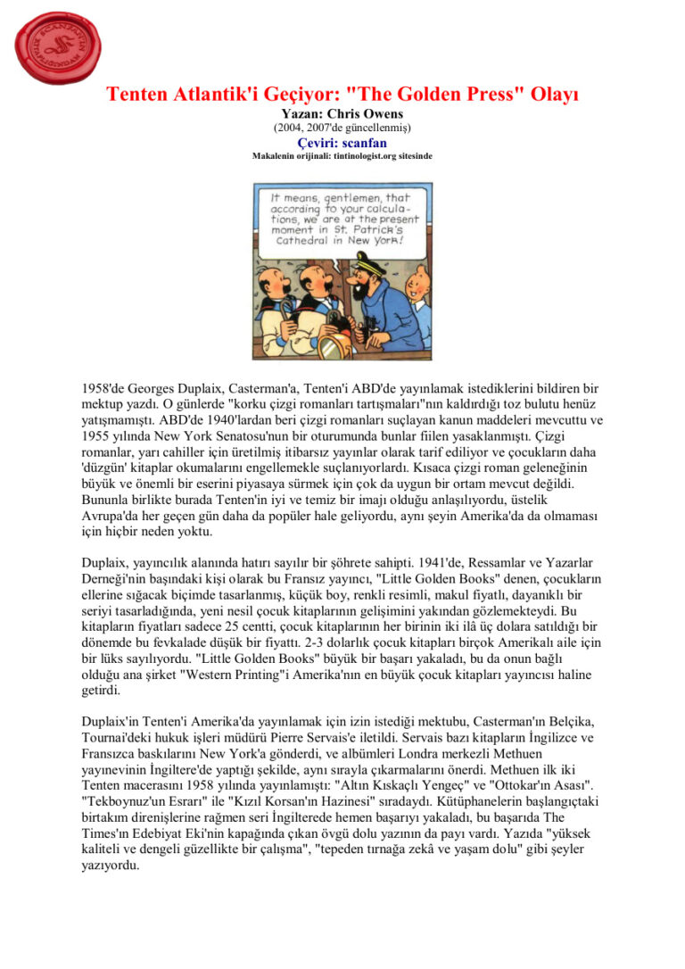 Atlantik'i Geçiyor: The Golden Press Olayı PDF - Herge 22 Tenten Atlantik'i Geçiyor The Golden Press Olayı Kitap Kapağı