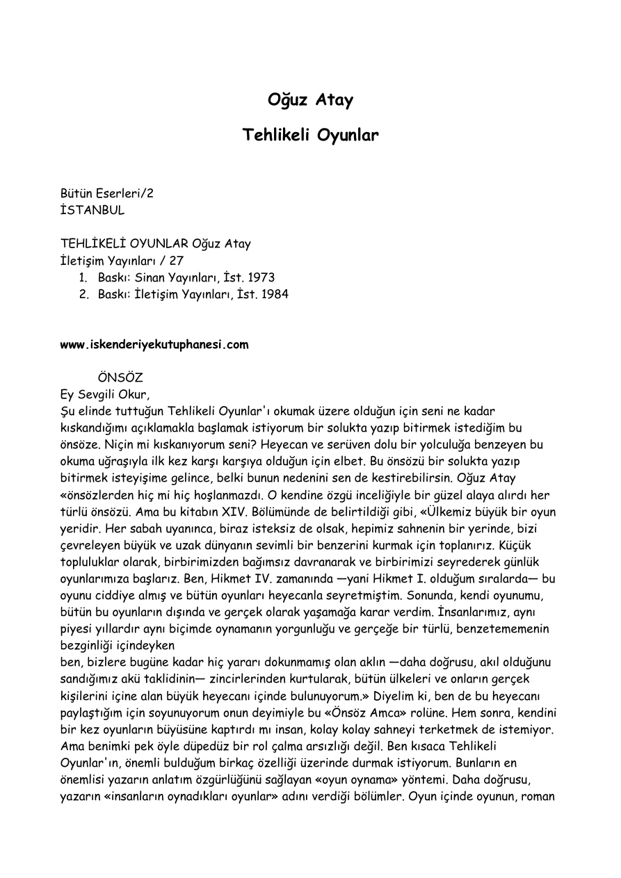 Tehlikeli Oyunlar PDF – Oğuz Atay
