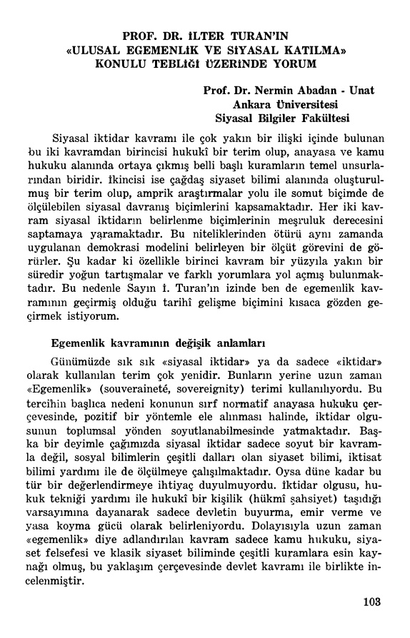 1. Milli Egemenlik Sempozyumu Nermin Abadan Unat Tebliği PDF – Nermin Abadan Unat