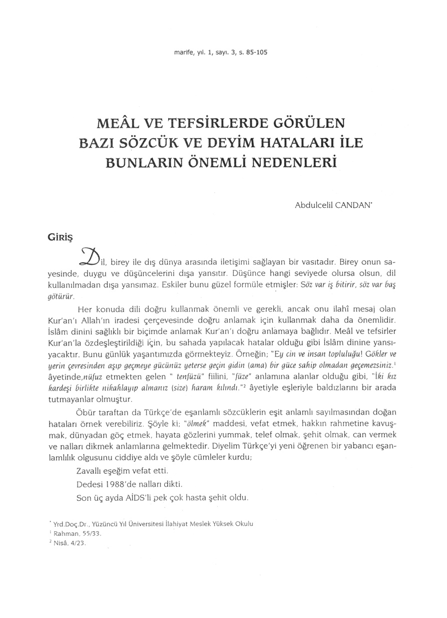 Meal ve Tefsirlerde Görülen Sözcük ve Deyim Hataları PDF – Abdulcelil Candan