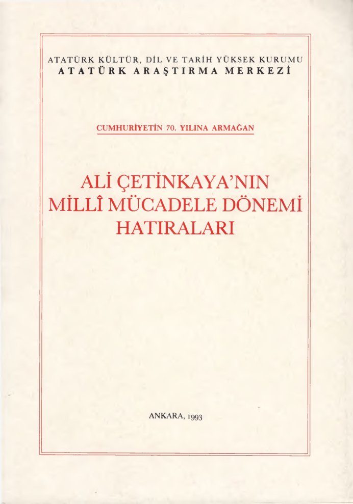 Ali Çetinkayanın Milli Mücadele Dönemi Hatıraları AAM Yayınları Kitap Kapağı