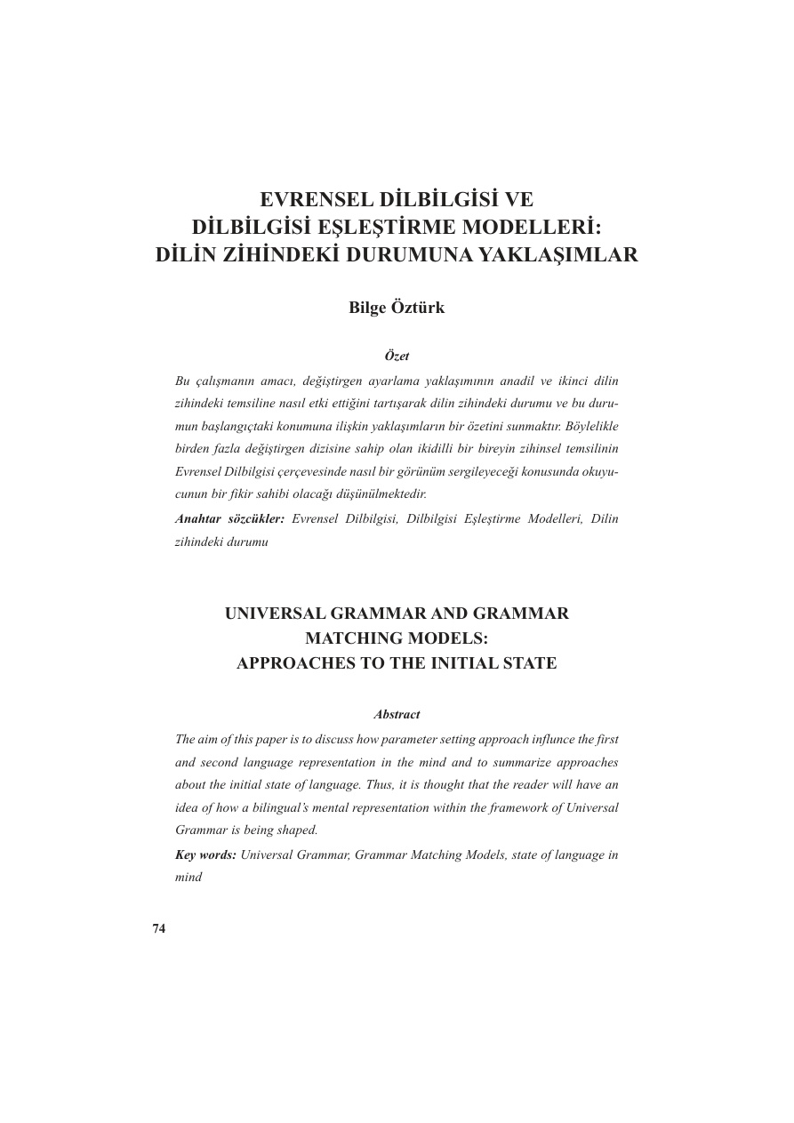 Evrensel Dilbilgisi ve Dilbilgisi Eşleştirme Modelleri PDF – Bilge Öztürk