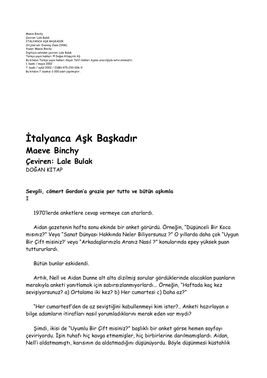 İtalyanca Aşk Başkadır PDF – Maeve Binchy