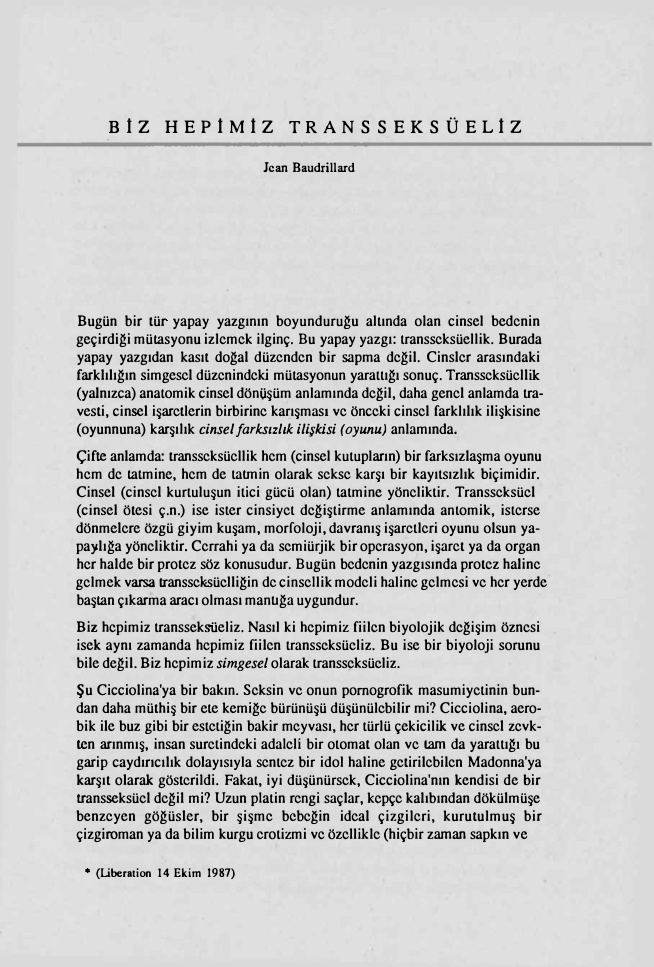 Biz Hepimiz Transseksüeliz PDF – Jean Baudrillard