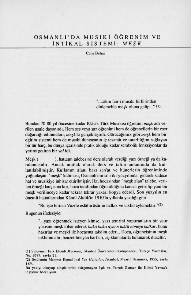Osmanlı’da Musiki Öğrenim ve İntikal Sistemi; Meşk PDF – Cem Behar