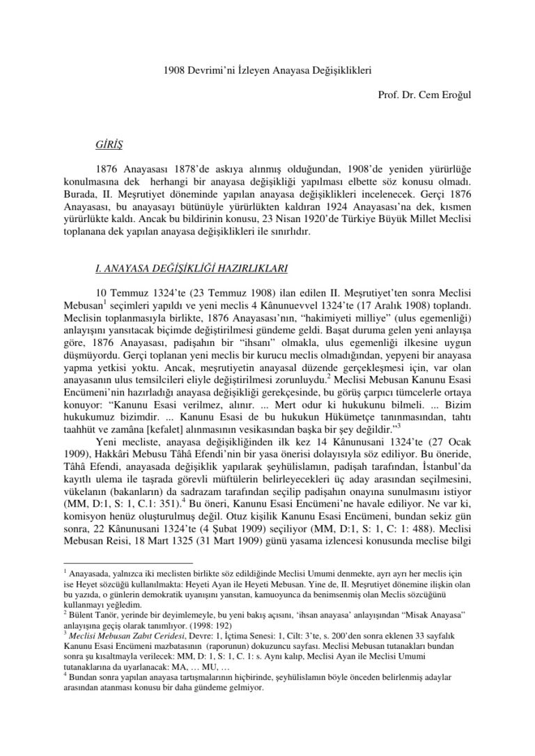 Cem Eroğul 1908 Devrimi'ni İzleyen Anayasa Değişiklikleri Kitap Kapağı