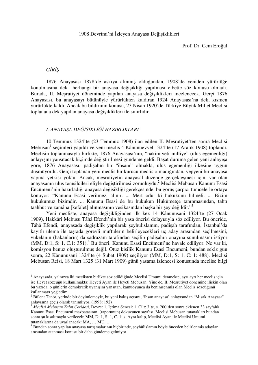 1908 Devrimi’ni İzleyen Anayasa Değişiklikleri PDF – Cem Eroğul