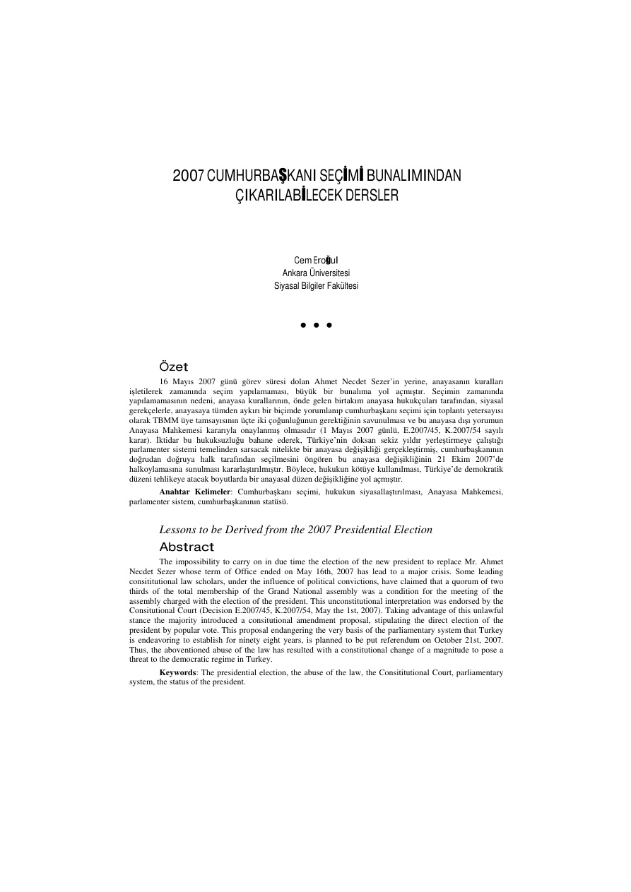 2007 Cumhurbaşkanlığı Seçimi Bunalımından Çıkarılabilecek Dersler PDF – Cem Eroğul