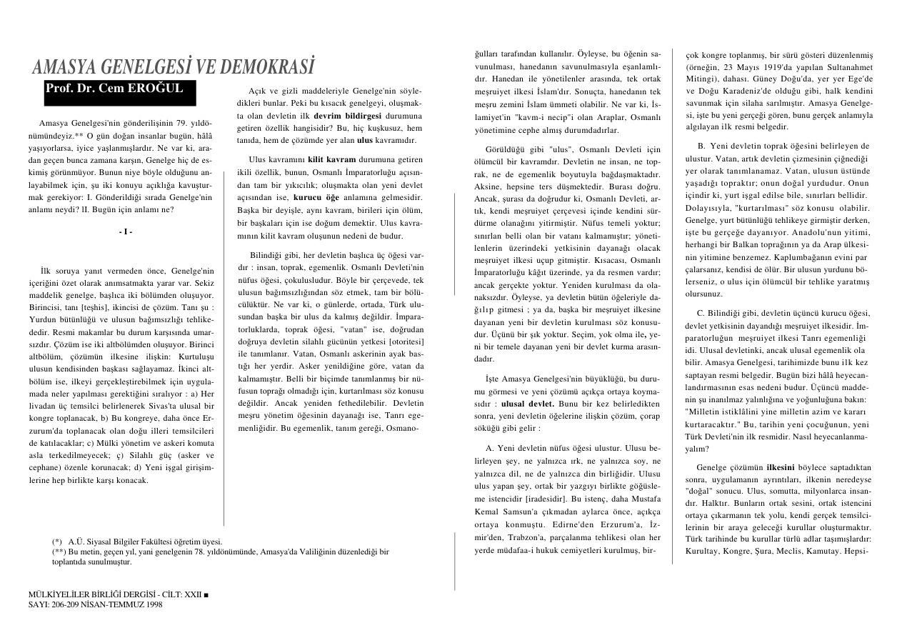 Amasya Genelgesi ve Demokrasi PDF – Cem Eroğul
