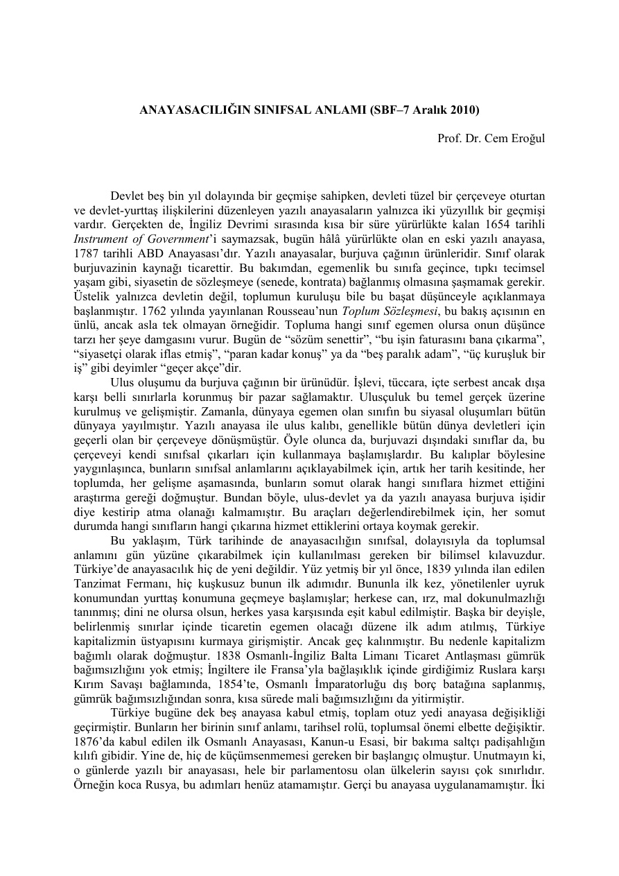 Anayasalcılığın Sınıfsal Anlamı PDF – Cem Eroğul